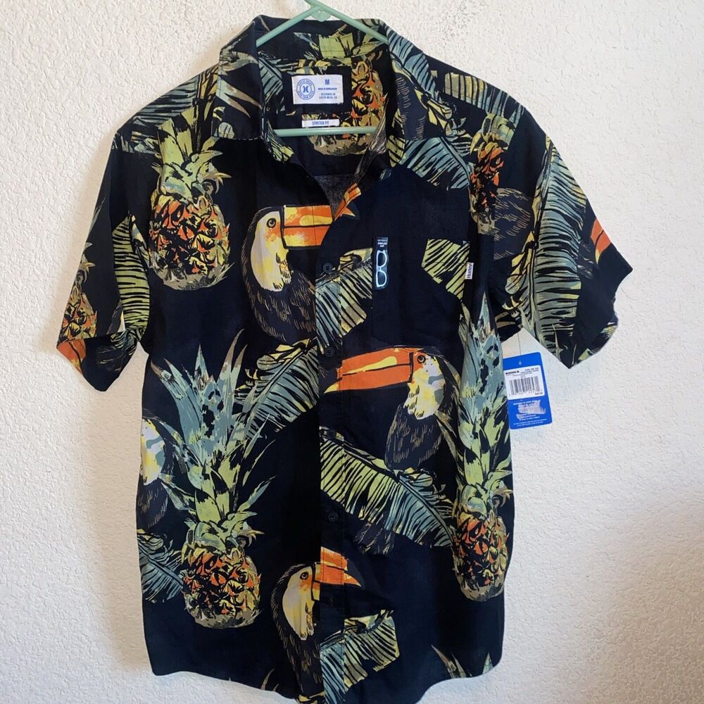 new HURLEY Aloha Hawaiian bird shirt Tropical Button Stretch Pineapple M Mens